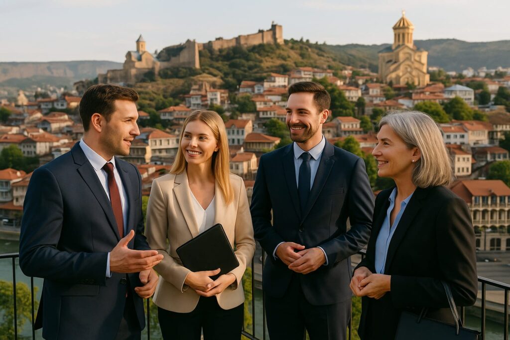 Business meeting of international investors in Tbilisi, Georgia with city skyline in the background