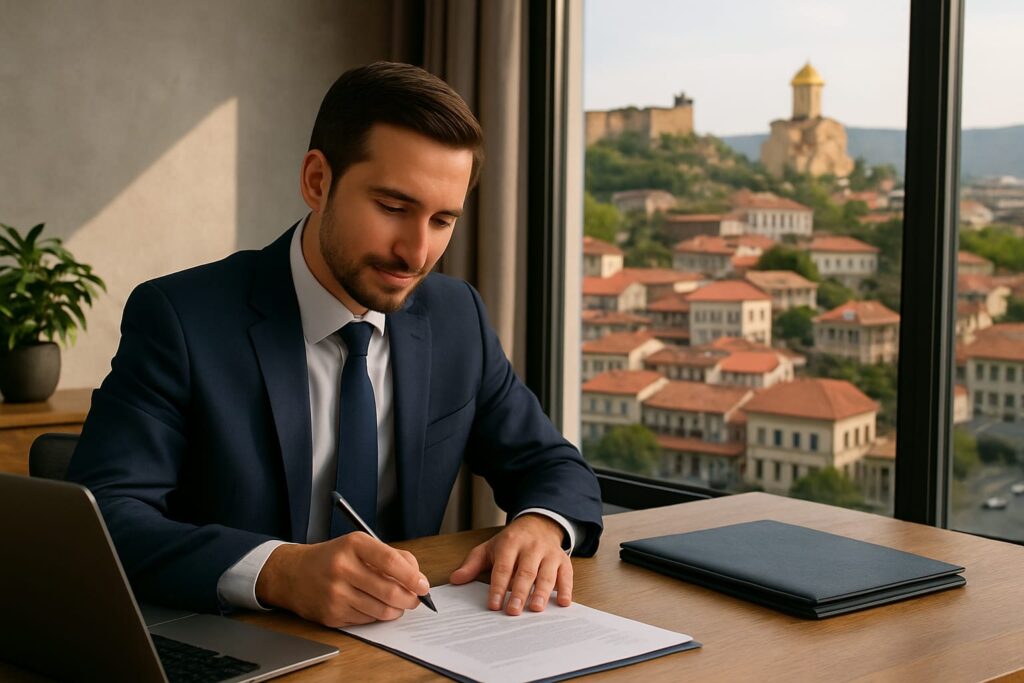 Entrepreneur completing company registration paperwork in a modern office with Tbilisi city skyline in the background.