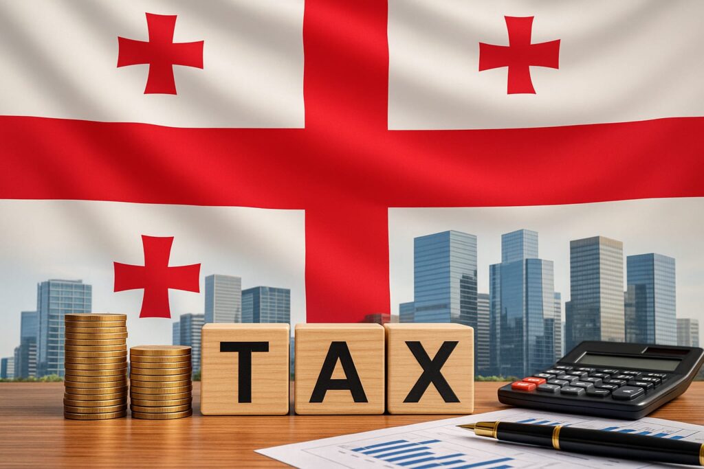 Tax benefits for international entrepreneurs in Georgia with Georgian flag and financial elements