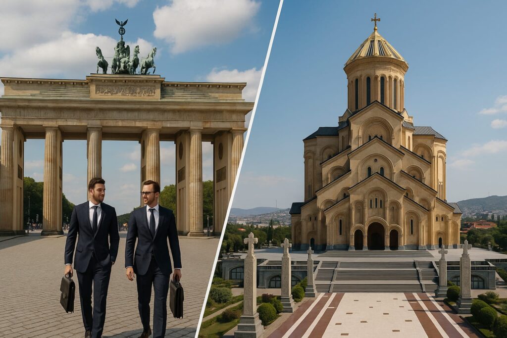 Luxury business connection image showing Germany and Georgia landmarks symbolizing Berlin Corner LLC’s German–Georgian partnership