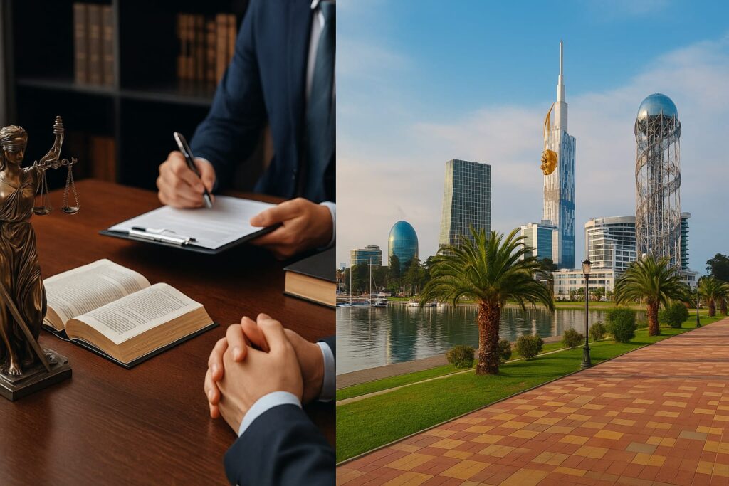 Legal consultation with justice statue beside modern skyline of Batumi, Georgia