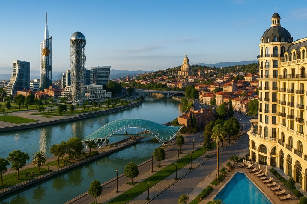 Panoramic view of Tbilisi and Batumi skyline with river, modern towers, and hotel area in Georgia