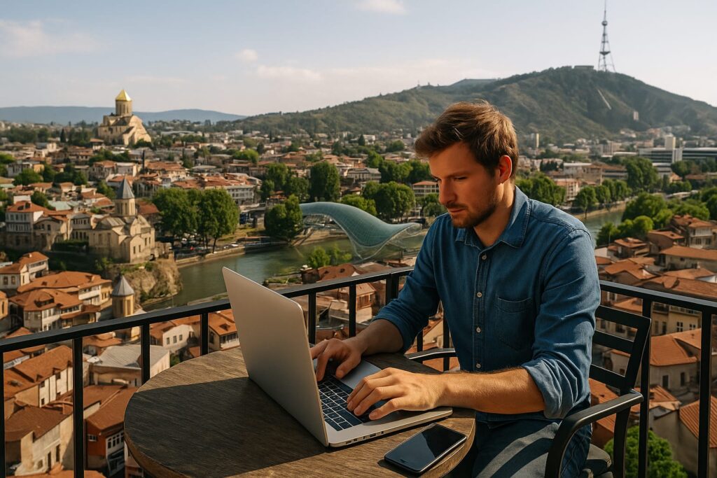 Digital nomad working on a laptop in a modern café in Tbilisi, Georgia