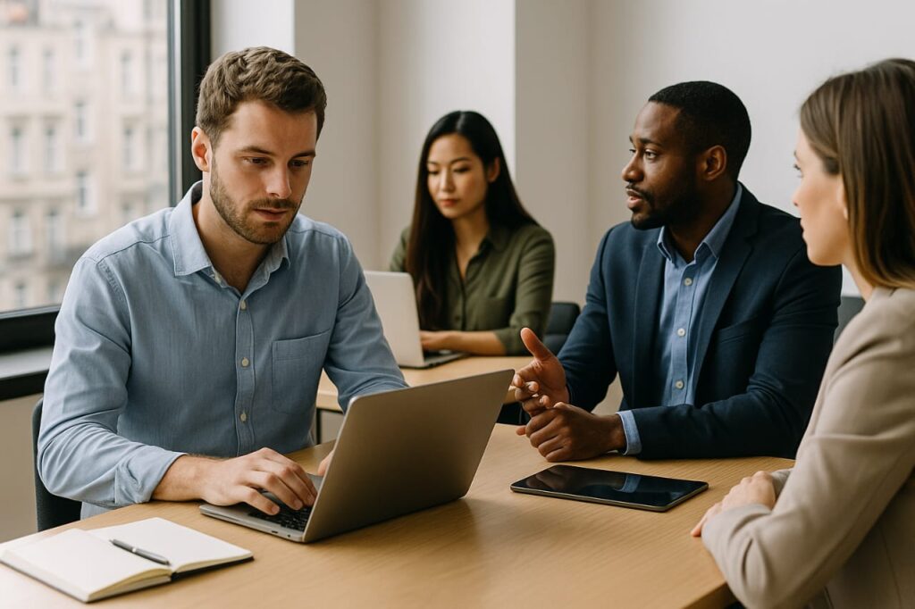 International IT team working together in a modern office, discussing software projects and business strategy.