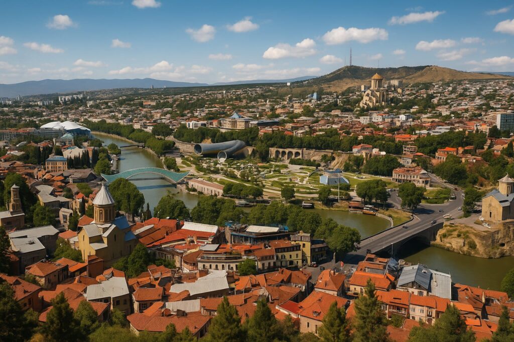 Panoramic view of Tbilisi showcasing the Kura River, modern architecture, and historic districts – representing Georgia’s stable business and investment environment