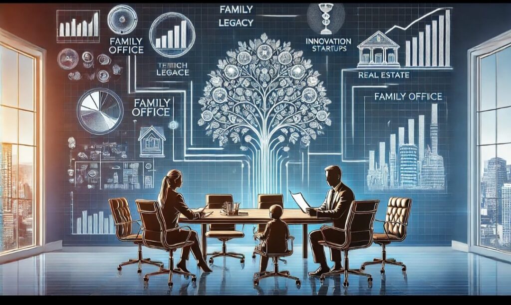 Family office meeting displaying long-term investment strategies, stability indicators, and economic planning visuals.